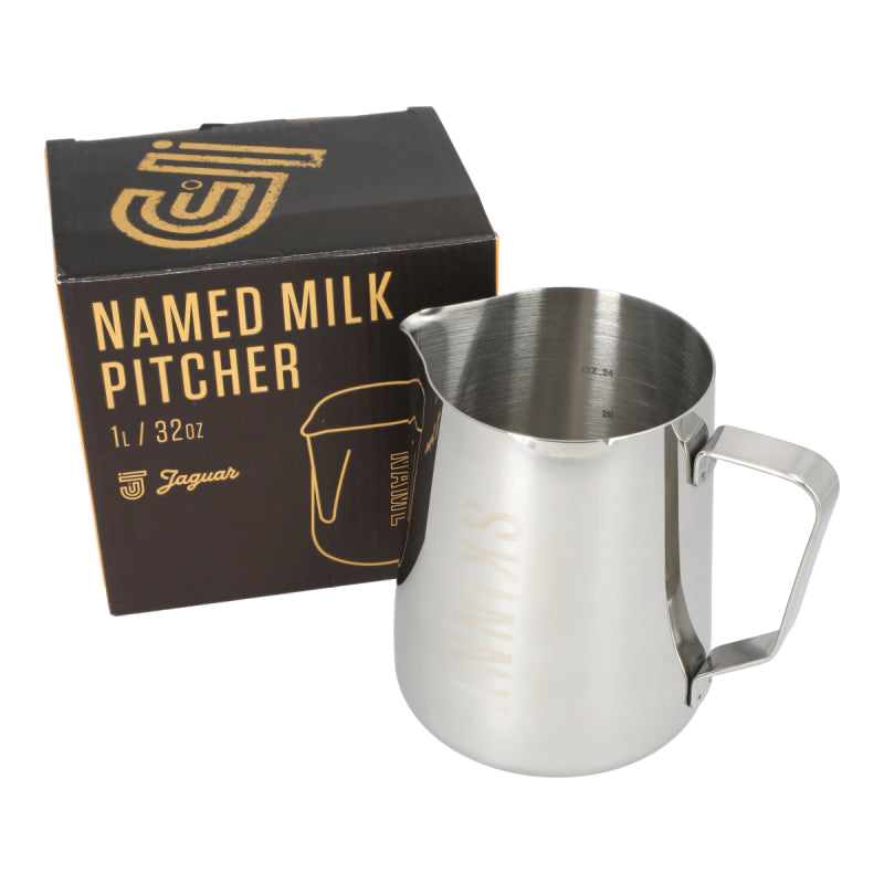 JAGUAR NAMED MILK FOAMING JUG WITH ETCHED VOLUME MEASURES - 1 LITRE &