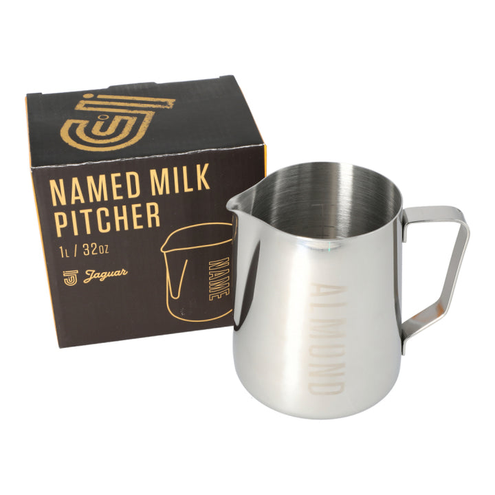 JAGUAR NAMED MILK FOAMING JUG WITH ETCHED VOLUME MEASURES - 1 LITRE &