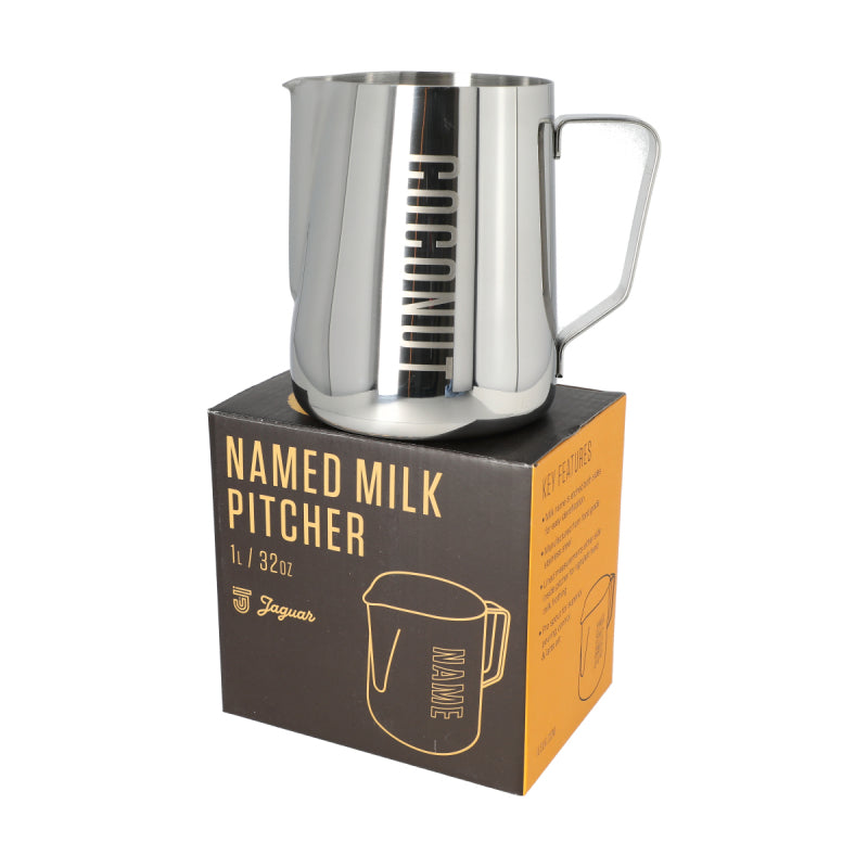 JAGUAR NAMED MILK FOAMING JUG WITH ETCHED VOLUME MEASURES - 1 LITRE &
