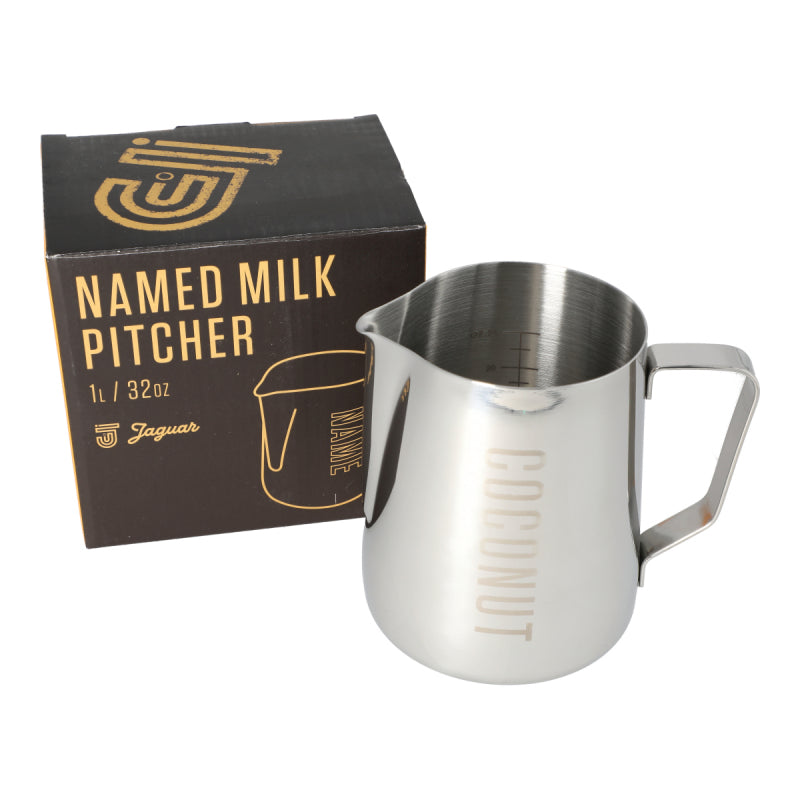 JAGUAR NAMED MILK FOAMING JUG WITH ETCHED VOLUME MEASURES - 1 LITRE &