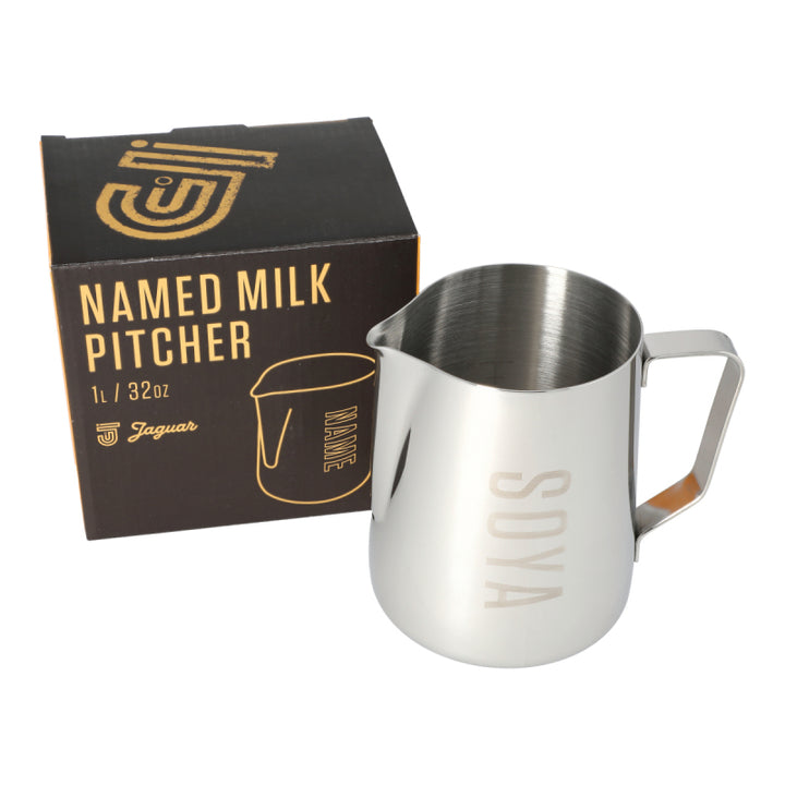 JAGUAR NAMED MILK FOAMING JUG WITH ETCHED VOLUME MEASURES - 1 LITRE &
