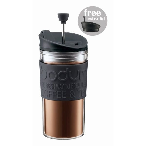BODUM TRAVEL PRESS SET COFFEE MAKER WITH EXTRA LID, 0.35 L, 12 OZ - BLACK - Choose Coffee