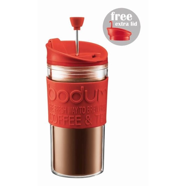 BODUM TRAVEL PRESS SET COFFEE MAKER WITH EXTRA LID, 0.35 L, 12 OZ - RED - Choose Coffee