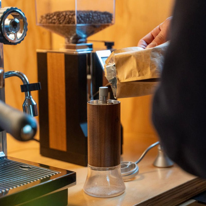 EUREKA BABY HAND GRINDER - WALNUT BODY / GLASS BASE - Choose Coffee