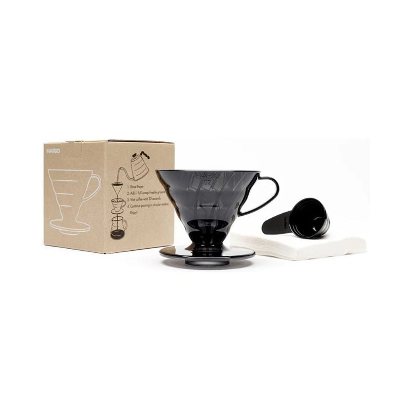 HARIO COFFEE DRIPPER V60 02 WITH FILTERS &amp; SCOOP - BLACK PLASTIC - Choose Coffee