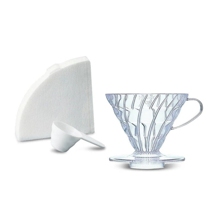 HARIO COFFEE DRIPPER V60 02 WITH FILTERS &amp; SCOOP - CLEAR PLASTIC - Choose Coffee