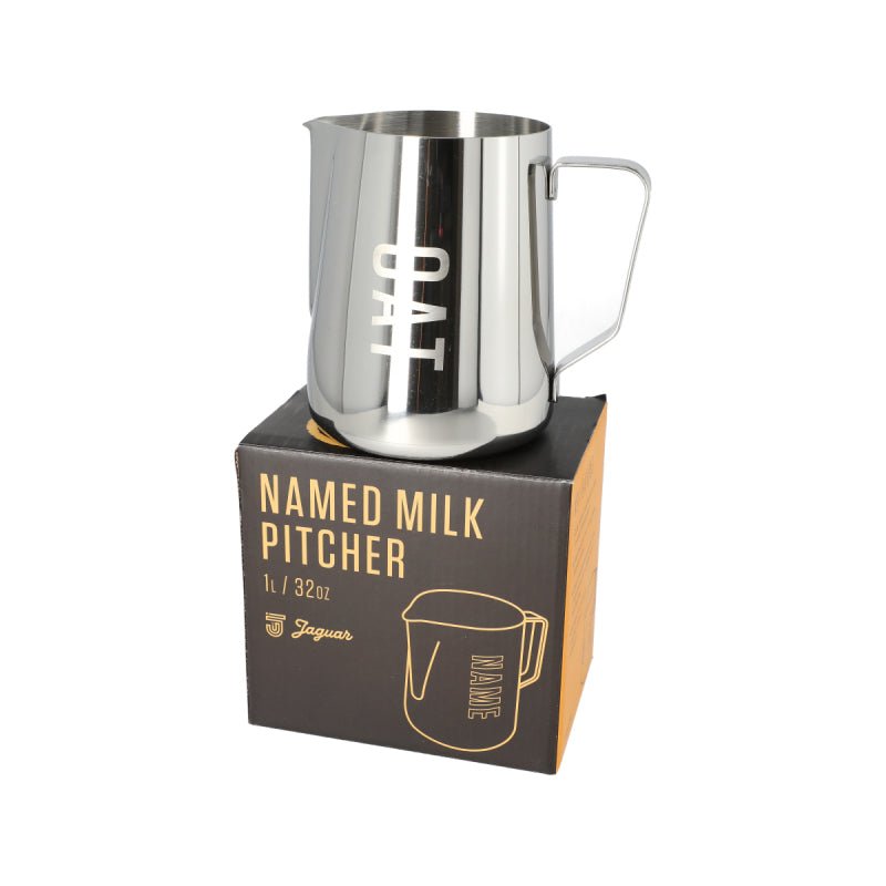 JAGUAR NAMED MILK FOAMING JUG WITH ETCHED VOLUME MEASURES - 1 LITRE 'OAT' - Choose Coffee
