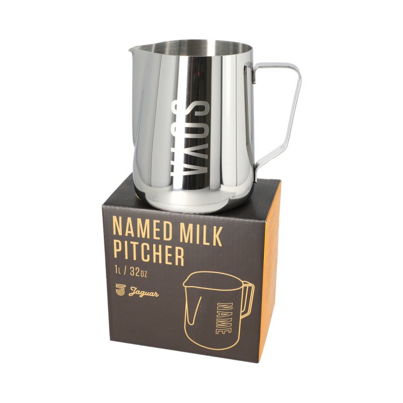 JAGUAR NAMED MILK FOAMING JUG WITH ETCHED VOLUME MEASURES - 1 LITRE 'SOYA' - Choose Coffee